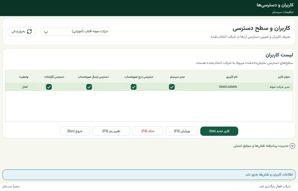 پنجره مدیریت کاربران و دسترسی‌ها